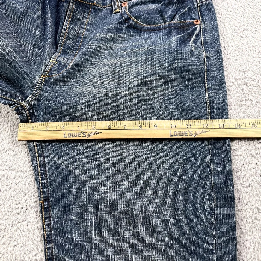 True Religion Logan Jeans Men 38 Blue Button Fly Distressed Split Hem‎ Whiskers
